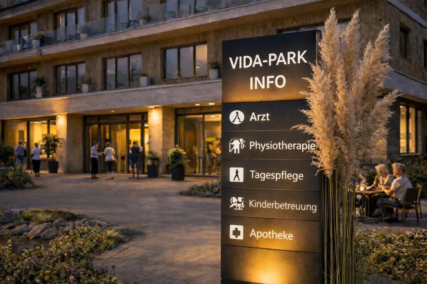 Info-Stele am VIDA-PARK Campus mit den Angeboten Arzt, Physiotherapie, Tagespflege, Kinderbetreuung und Apotheke
